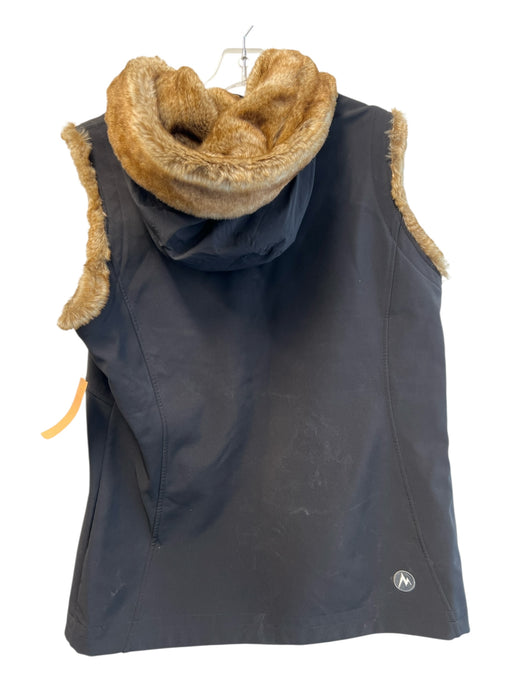 Marmot Size XL Black & Brown Nylon Blend Faux Fur Hood Front Zip Zip Pocket Vest Black & Brown / XL