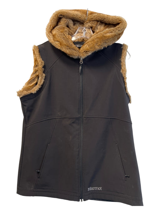 Marmot Size XL Black & Brown Nylon Blend Faux Fur Hood Front Zip Zip Pocket Vest Black & Brown / XL