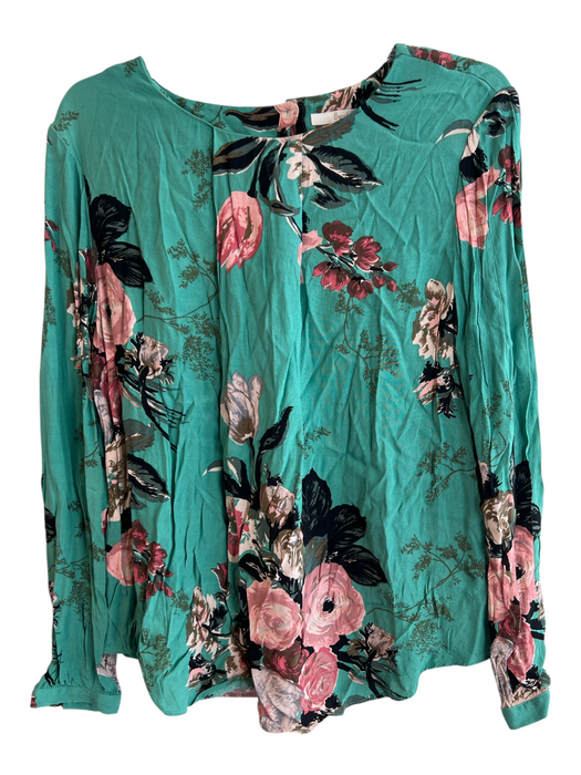 Boden Size 14 Green Viscose Round Neck Long Sleeve Floral Back Button Top Green / 14