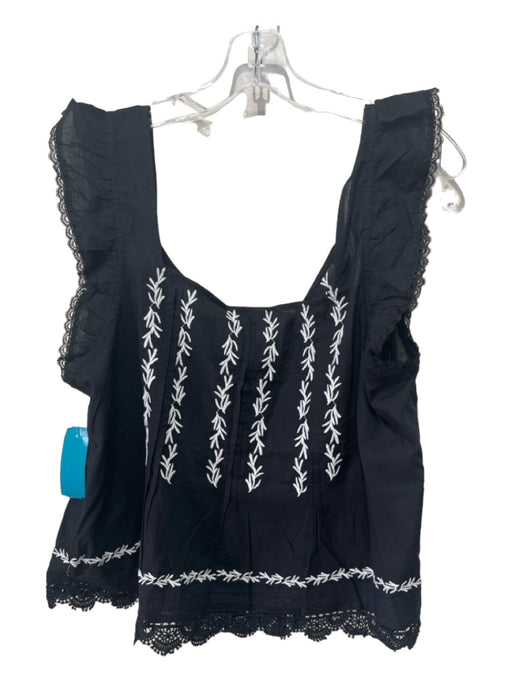 Maeve Size L Black & White Cotton Floral Embroidered Ruffle Sleeveless Top Black & White / L