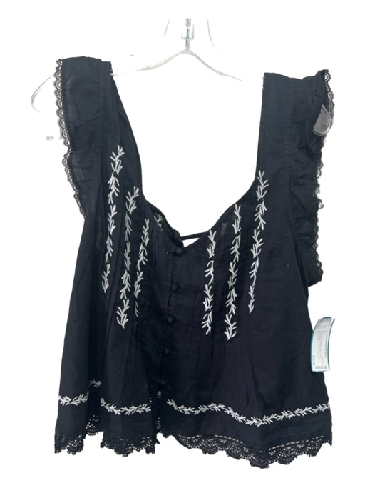 Maeve Size L Black & White Cotton Floral Embroidered Ruffle Sleeveless Top Black & White / L