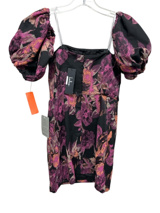 Lulus Size S Black & Purple Polyester Floral Jacquard Short Puff Sleeve Dress Black & Purple / S