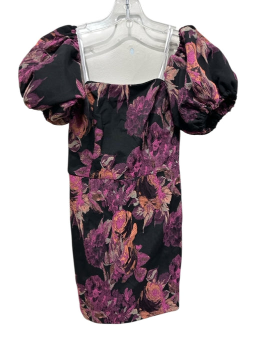 Lulus Size S Black & Purple Polyester Floral Jacquard Short Puff Sleeve Dress Black & Purple / S