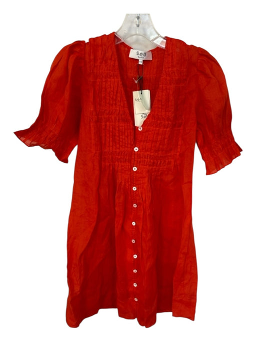 Sea New York Size XXS Orange Linen Short Balloon Sleeve Pleated Buttons Dress Orange / XXS