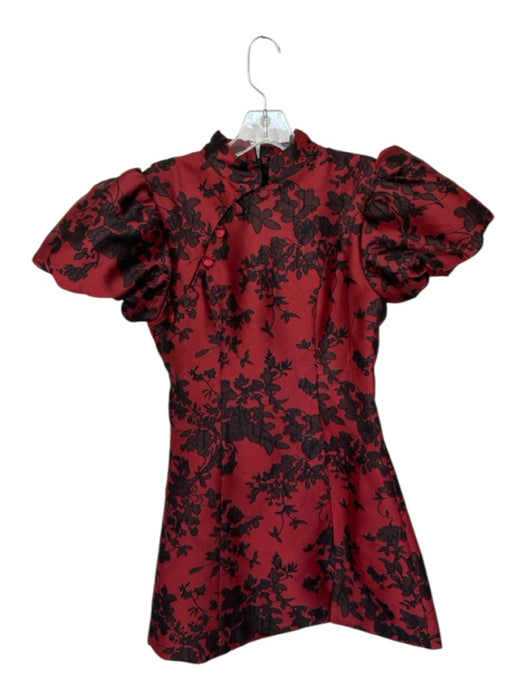 Showpo Size 4 Red & Black Polyester Floral High Neck Bubble Sleeve Buttons Dress Red & Black / 4