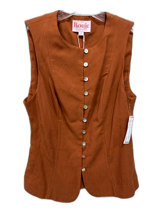 Rouje Size S / 36 Brown Linen Blend Mother of Pearl Buttons Round Neck Vest Top Brown / S / 36
