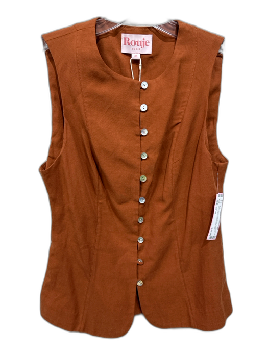 Rouje Size S / 36 Brown Linen Blend Mother of Pearl Buttons Round Neck Vest Top Brown / S / 36