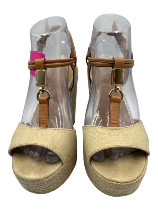 Coach Shoe Size 7 Golden Beige Leather & Canvas Raffia Ankle Buckle Wedges Golden Beige / 7
