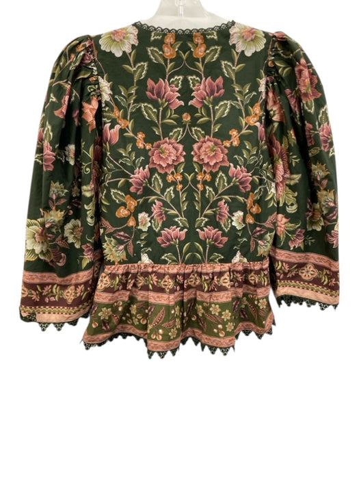 Farm Rio Size S Green & Pink Cotton floral print Pintuck Puff Sleeves V Neck Top Green & Pink / S