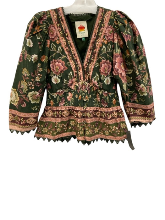 Farm Rio Size S Green & Pink Cotton floral print Pintuck Puff Sleeves V Neck Top Green & Pink / S