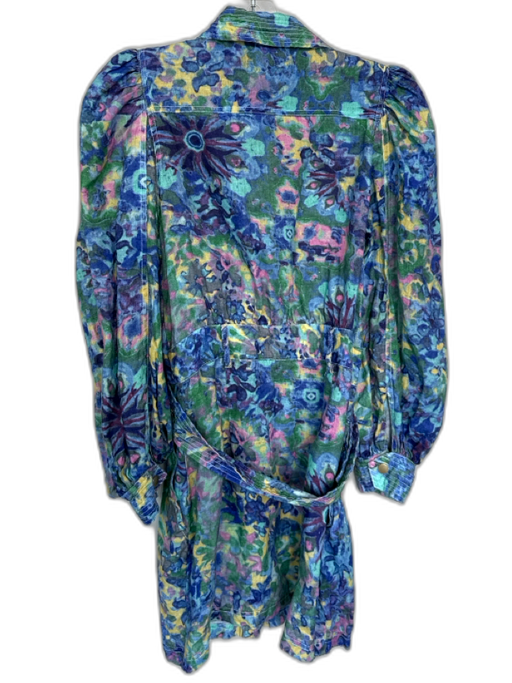 Elliatt Size S Blue & Aqua Linen Long Balloon Sleeve Watercolor Belted Dress Blue & Aqua / S