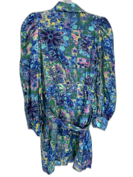 Elliatt Size S Blue & Aqua Linen Long Balloon Sleeve Watercolor Belted Dress Blue & Aqua / S