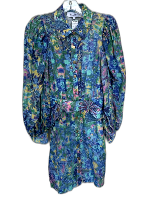 Elliatt Size S Blue & Aqua Linen Long Balloon Sleeve Watercolor Belted Dress Blue & Aqua / S