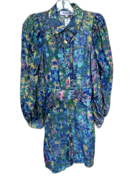 Elliatt Size S Blue & Aqua Linen Long Balloon Sleeve Watercolor Belted Dress Blue & Aqua / S