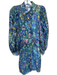 Elliatt Size S Blue & Aqua Linen Long Balloon Sleeve Watercolor Belted Dress Blue & Aqua / S