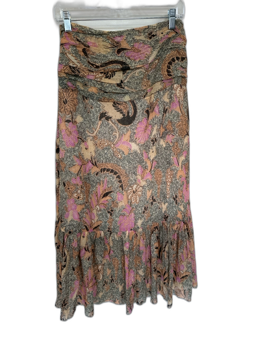 Ulla Johnson Size 4 Tan & Purple Silk Blend Side Zip Floral Slit Maxi Skirt Tan & Purple / 4