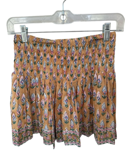 SLV Size Est S Tan & Pink Cotton Smocked Flowers Mini Skirt Tan & Pink / Est S