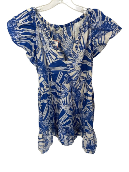 Marie Oliver Size XS Blue & White Cotton Short Balloon Sleeve Flowers Dress Blue & White / XS