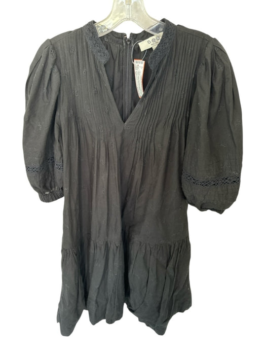 Sea New York Size XS Black Cotton 3/4 Balloon Sleeve Pleat Detail V Neck Dress Black / XS