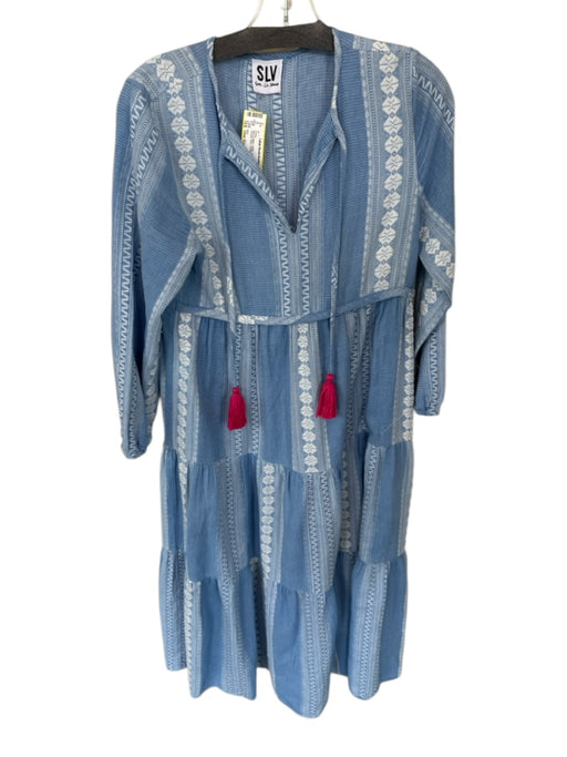 SLV Size One Size Blue & White Cotton Long Sleeve Tassels Maxi Abstract Dress Blue & White / One Size