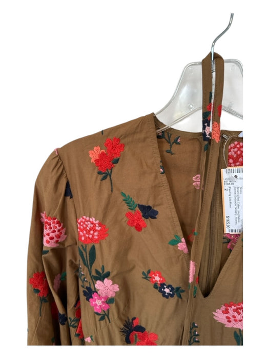 Pearl by Lela Rose Size 2 Brown & Red Cotton Long Balloon Sleeve Flowers Dress Brown & Red / 2