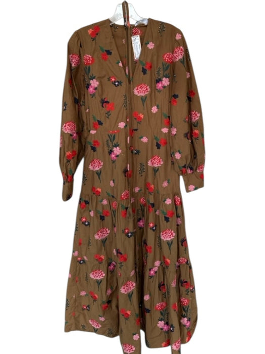Pearl by Lela Rose Size 2 Brown & Red Cotton Long Balloon Sleeve Flowers Dress Brown & Red / 2