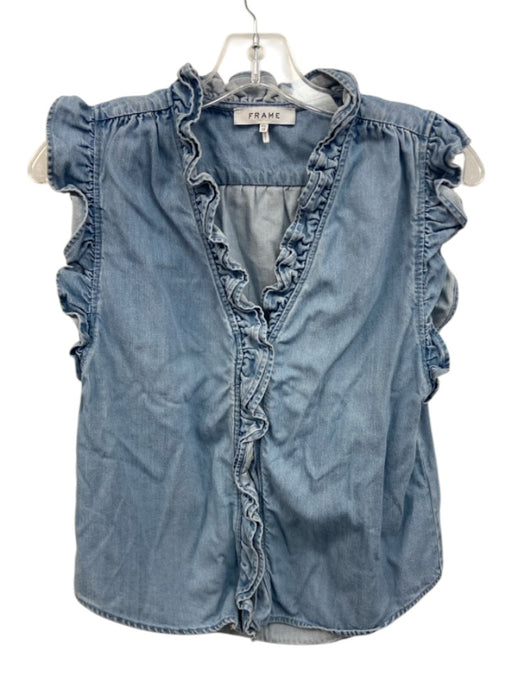 Frame Size XS Medium light wash Cotton Blend Denim Sleeveless Ruffle Top Medium light wash / XS