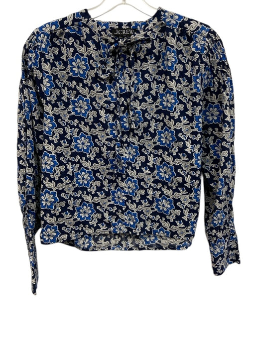 J. Crew Size XS Blue & White Cotton Blend Floral Long Sleeve Tie Neck Top Blue & White / XS