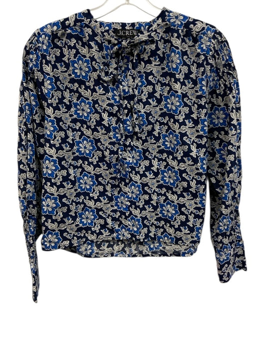 J. Crew Size XS Blue & White Cotton Blend Floral Long Sleeve Tie Neck Top Blue & White / XS