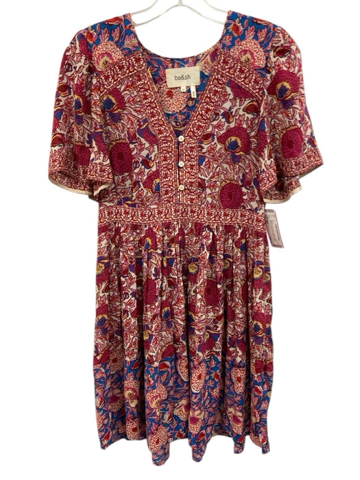Ba&sh Size XS Magenta Pink & Blue Viscose Short Sleeve Floral Short Sleeve Dress Magenta Pink & Blue / XS