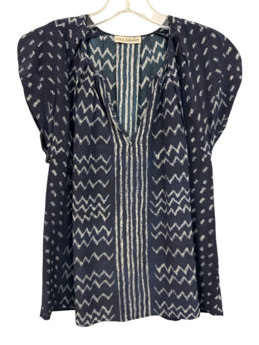 Ulla Johnson Size 4 Navy Blue & Cream White Silk Wavy Stripe V Neck Top Navy Blue & Cream White / 4