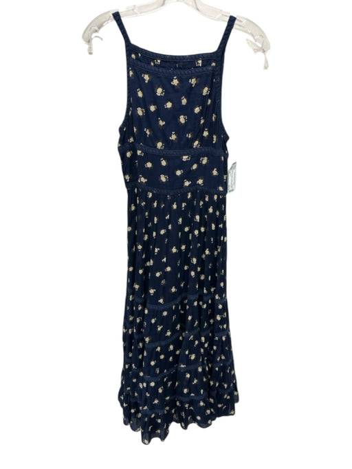 Free People Size XS Navy Blue & Beige Cotton Floral Lace Trim Sleeveless Dress Navy Blue & Beige / XS