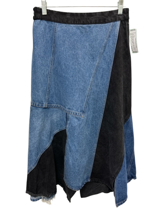 Sea New York Size 4 Medium Wash & Black Cotton Denim Elastic Back Midi Skirt Medium Wash & Black / 4