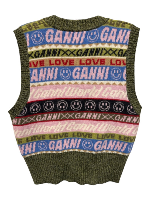 Ganni Size S Green, Pink, Blue Wool V Neck Smiley Face Ribbed Sleeveless Vest Green, Pink, Blue / S