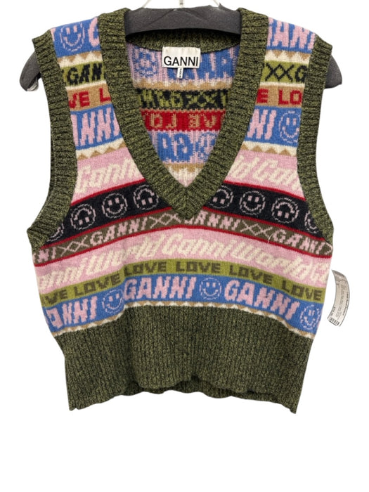 Ganni Size S Green, Pink, Blue Wool V Neck Smiley Face Ribbed Sleeveless Vest Green, Pink, Blue / S