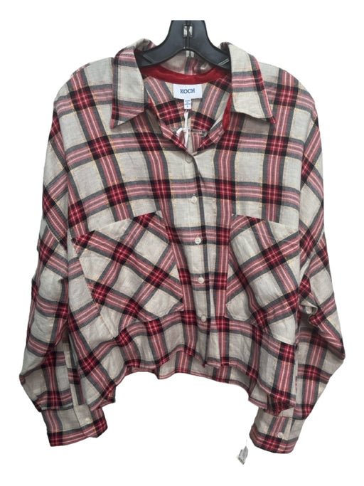 Koch Size L Beige Red Gold Cotton Blend Collared Button Up Plaid Long Sleeve Top Beige Red Gold / L