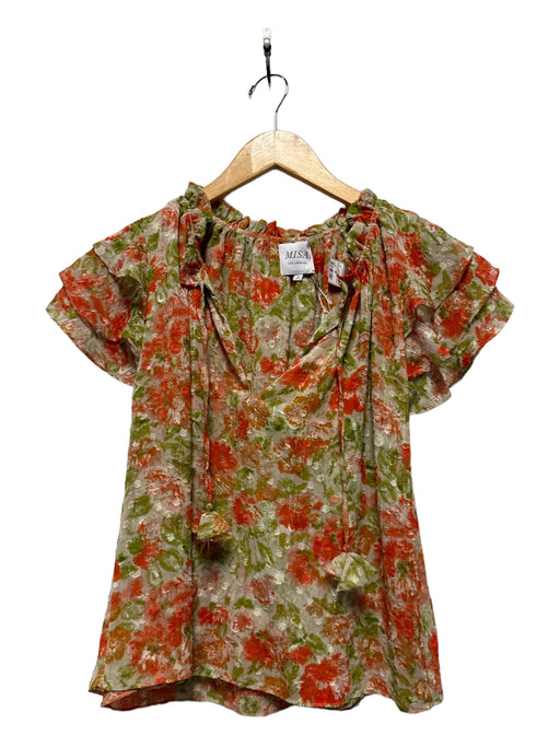 Misa Size S Orange & Green Polyester Short Sleeve Flowers Metallic Top Orange & Green / S