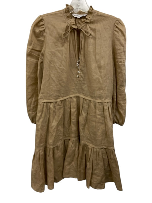 Veronica Beard Size 2 Khaki Beige Linen 3/4 Balloon Sleeve Tie V Neck Dress Khaki Beige / 2