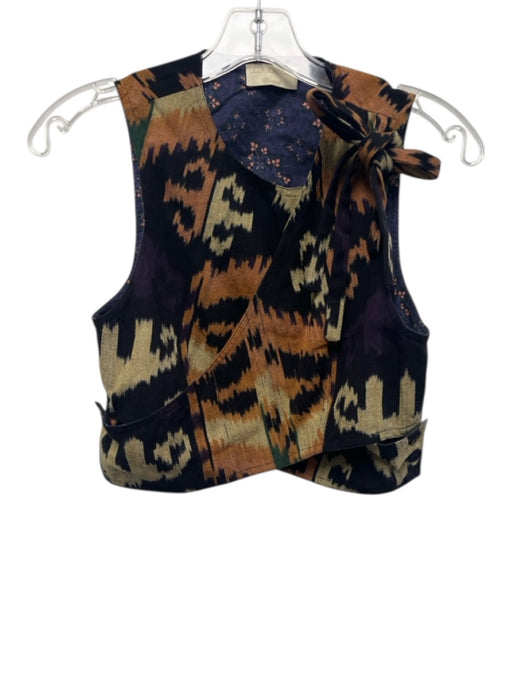 Ulla Johnson Size 2 Black, Brown, Multi Cotton Vest All Over Print Wrap Top Black, Brown, Multi / 2