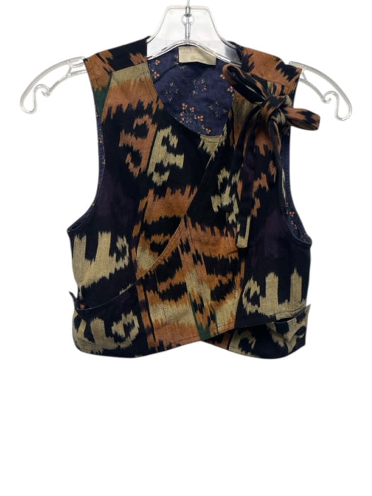 Ulla Johnson Size 2 Black, Brown, Multi Cotton Vest All Over Print Wrap Top Black, Brown, Multi / 2