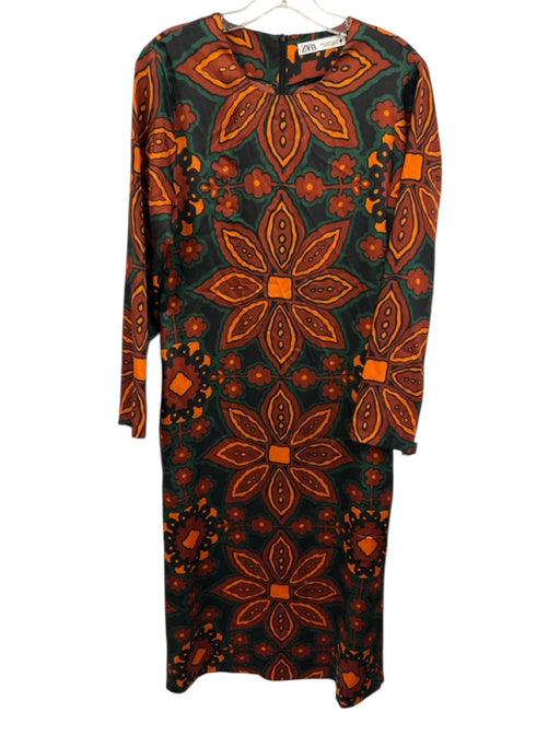 Zara Size Medium Brown, Orange, Green Polyester Long Sleeve Floral Midi Dress Brown, Orange, Green / Medium