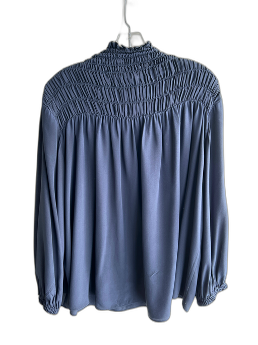 Frame Size L Navy Silk High Neck Long Sleeve Shirred Ruffle Detail Top Navy / L