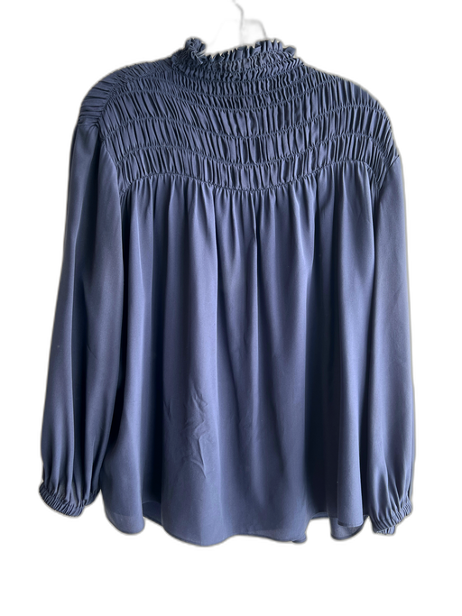 Frame Size L Navy Silk High Neck Long Sleeve Shirred Ruffle Detail Top Navy / L