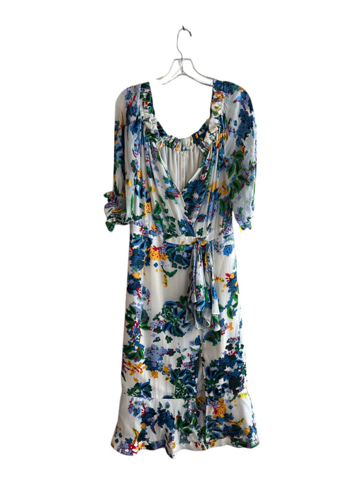 Saloni Size 10 Blue & White Multi Silk & Rayon Velvet Detail 3/4 Sleeve Dress Blue & White Multi / 10
