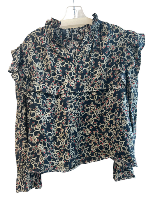 Isabel Etoile Marant Size 40 Green 100% Linen Paisley High Ruffle Neck Top Green / 40