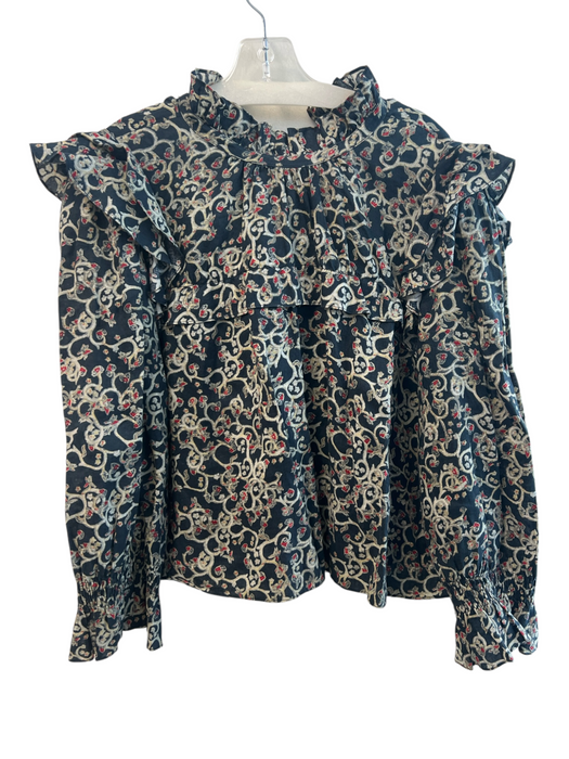 Isabel Etoile Marant Size 40 Green 100% Linen Paisley High Ruffle Neck Top Green / 40