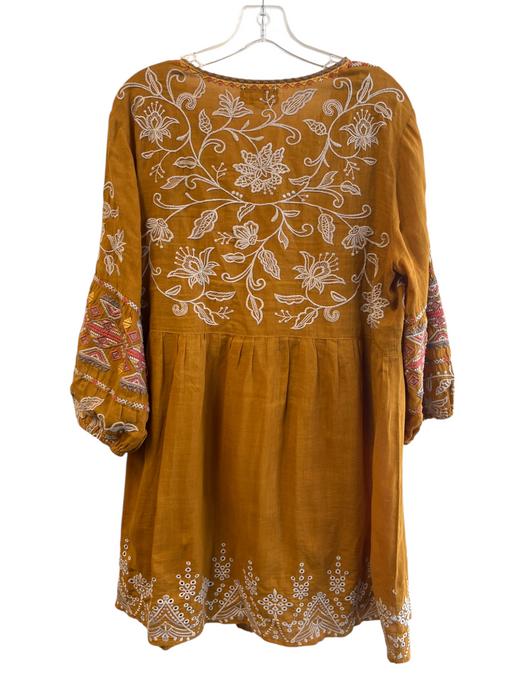 Johnny Was Size L Yellow Cotton Embroidered Long Sleeve V Neck Lined Dress Yellow / L