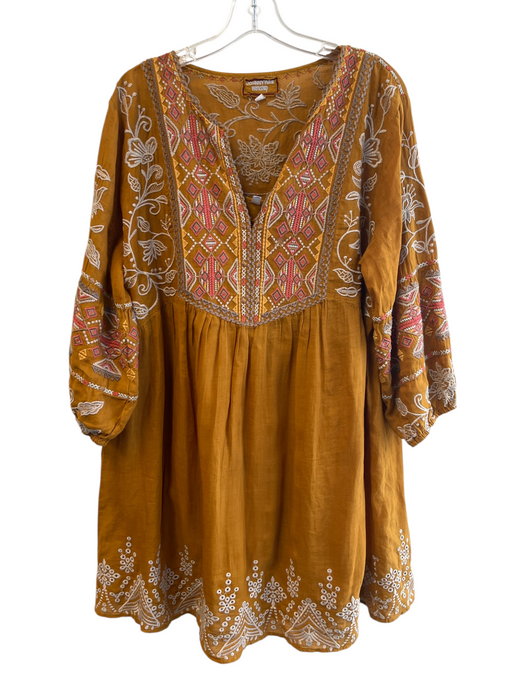 Johnny Was Size L Yellow Cotton Embroidered Long Sleeve V Neck Lined Dress Yellow / L