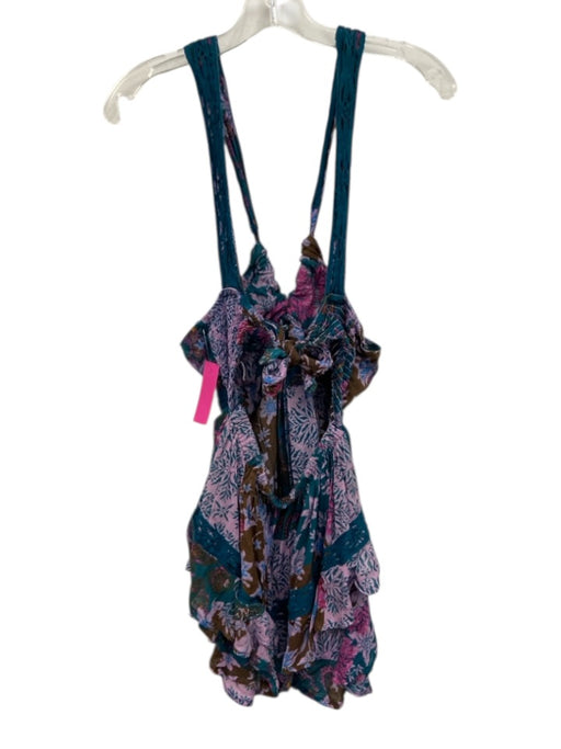 Free People Size M Blue & Purple Cotton Sleeveless Floral Tie Back Romper Blue & Purple / M