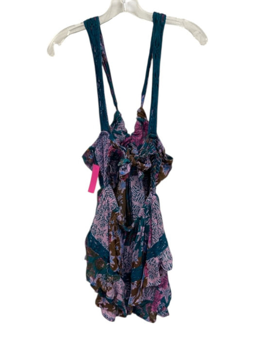 Free People Size M Blue & Purple Cotton Sleeveless Floral Tie Back Romper Blue & Purple / M